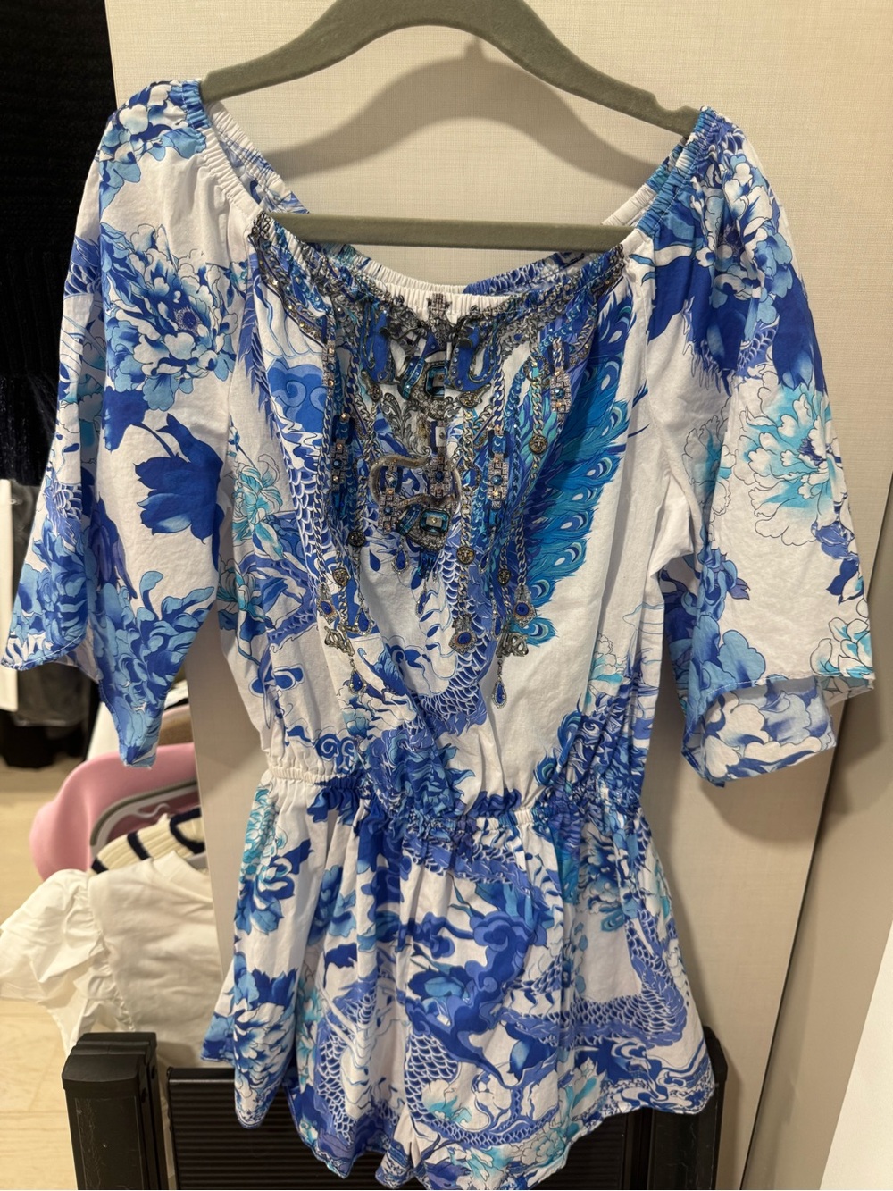 Milla by Camilla Blue Floral Off-Shoulder Tunic Top with Embellished Neckline